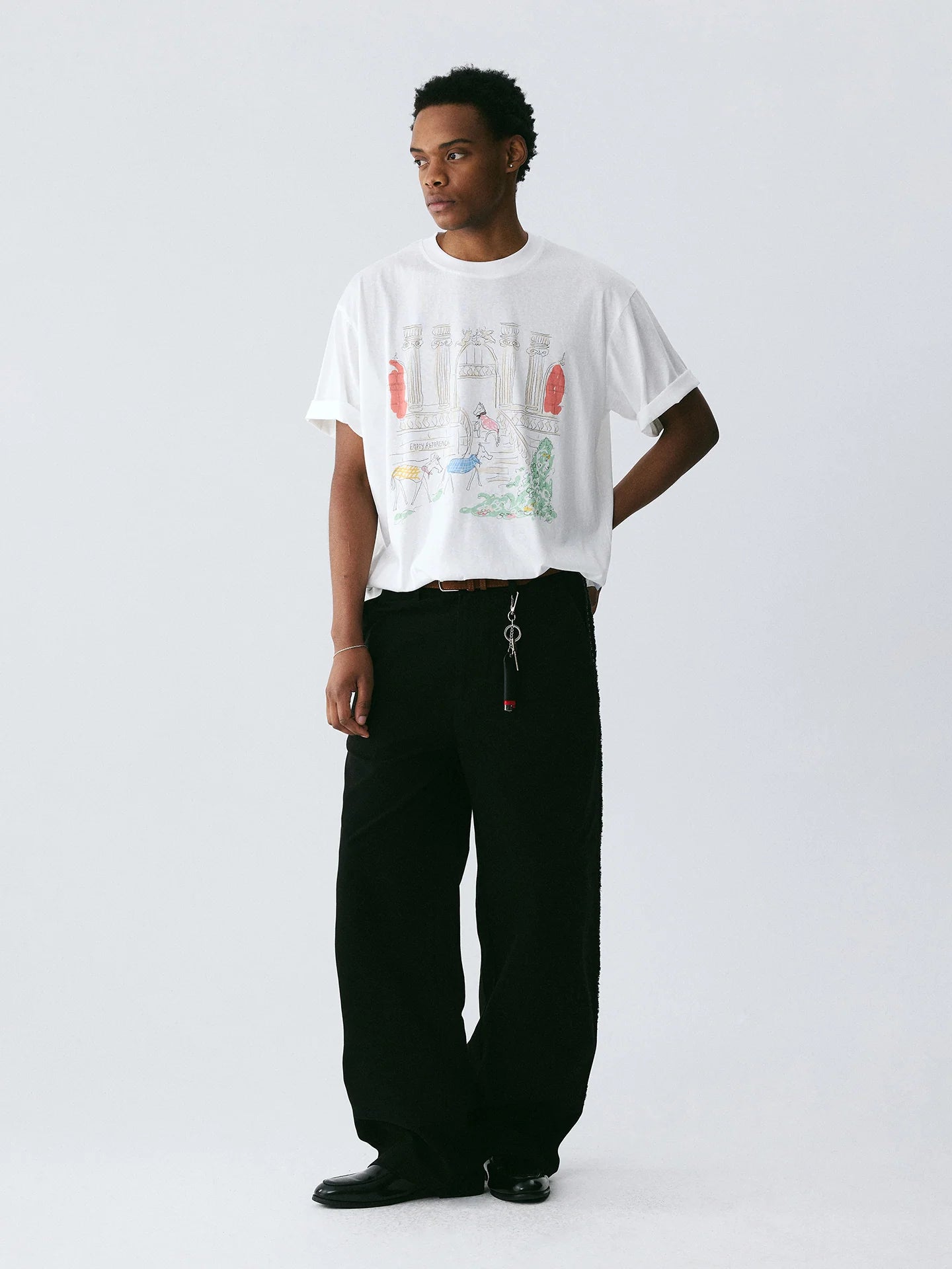 The Three Little Horses Tee - White Snow Fabric with Line-Drawn Manor & Color-Accent Pony Scene