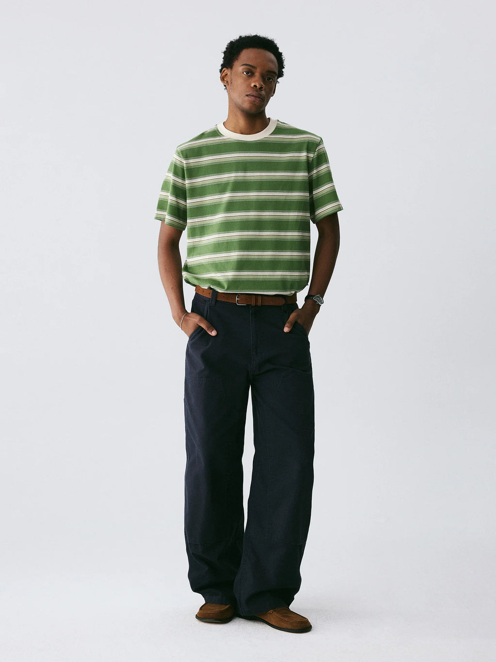 The Avocado Stripe Tee - Double Cotton in Green & Cream with Contrast Collar
