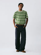 The Avocado Stripe Tee - Double Cotton in Green & Cream with Contrast Collar