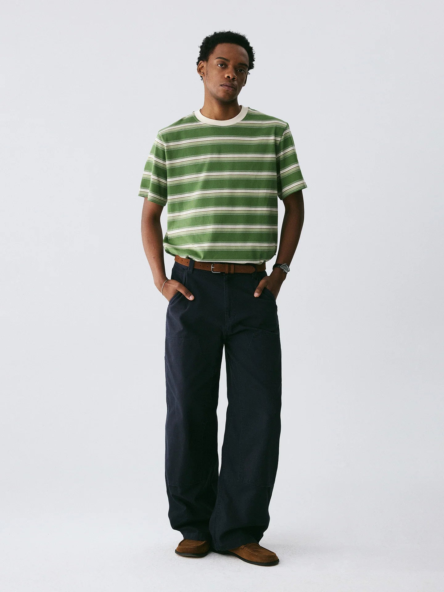 The Avocado Stripe Tee - Double Cotton in Green & Cream with Contrast Collar