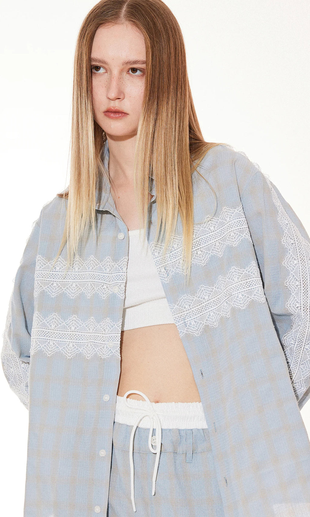 Lace Panel Plaid Pants