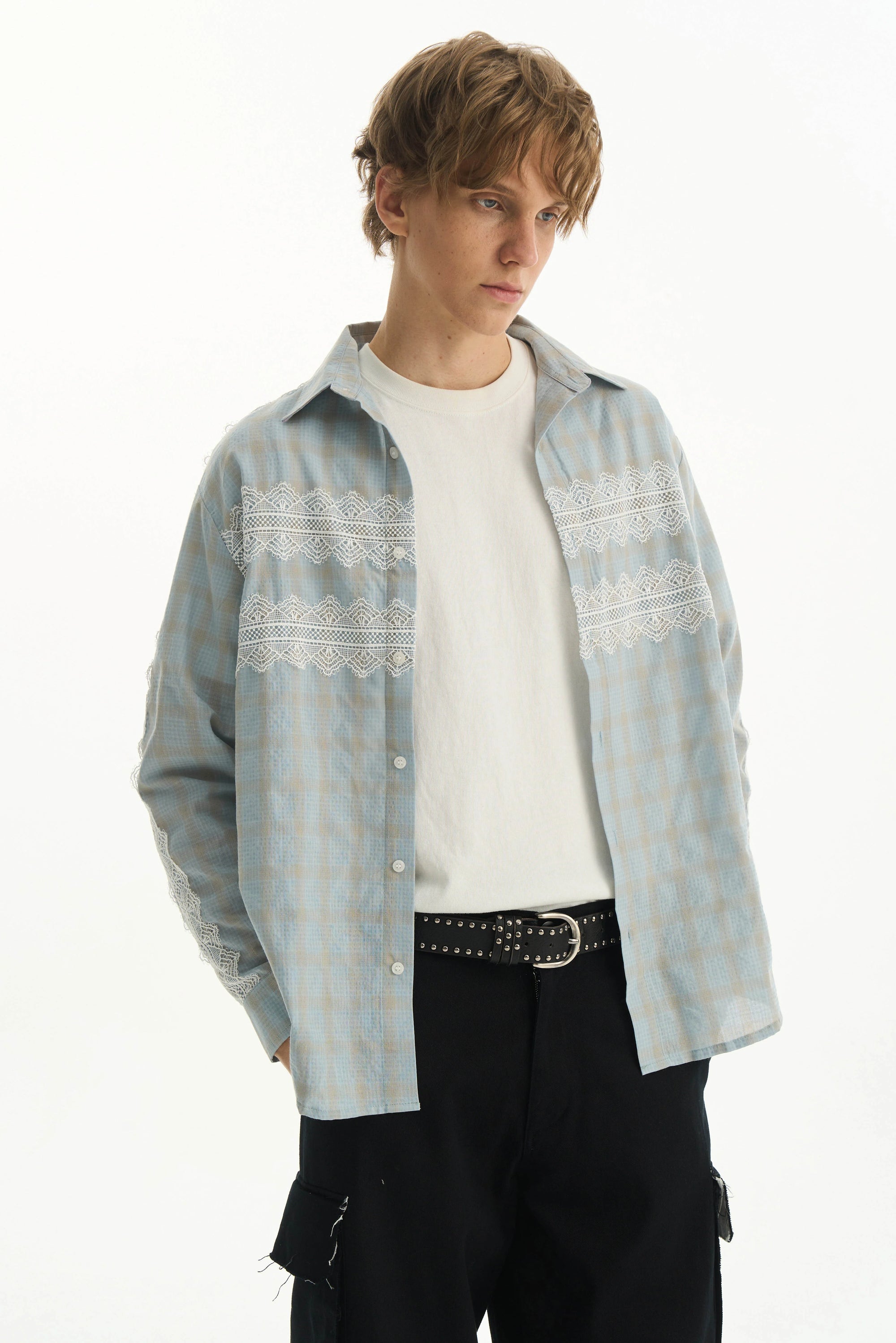 Lace Panel Plaid Pants