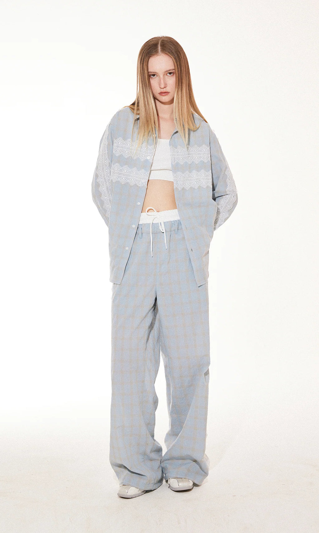 Lace Panel Plaid Pants