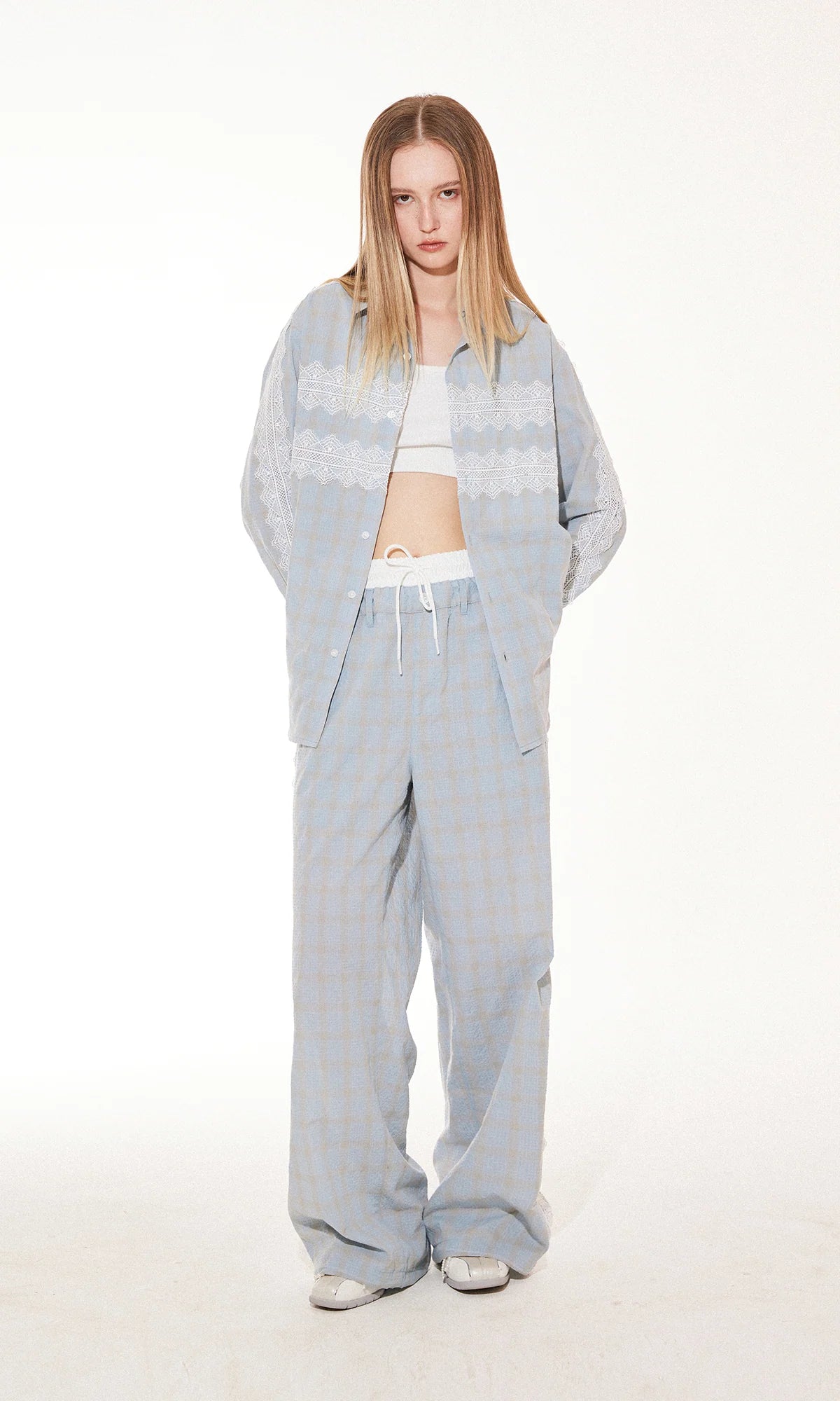 Lace Panel Plaid Pants