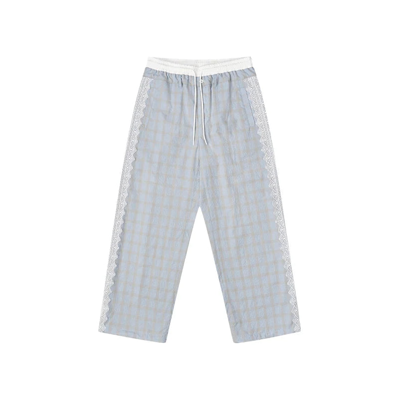 Lace Panel Plaid Pants