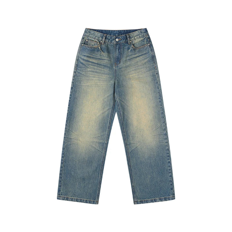 Washed Whisker Pleated Relaxed Jeans