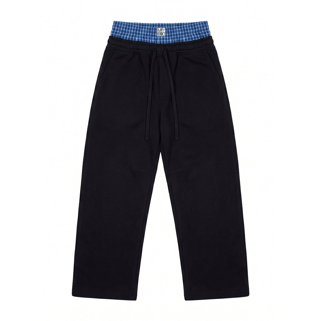 The Double Waist Sweatpant - Heather Grey Knit with Blue Gingham Panel & Woven Label