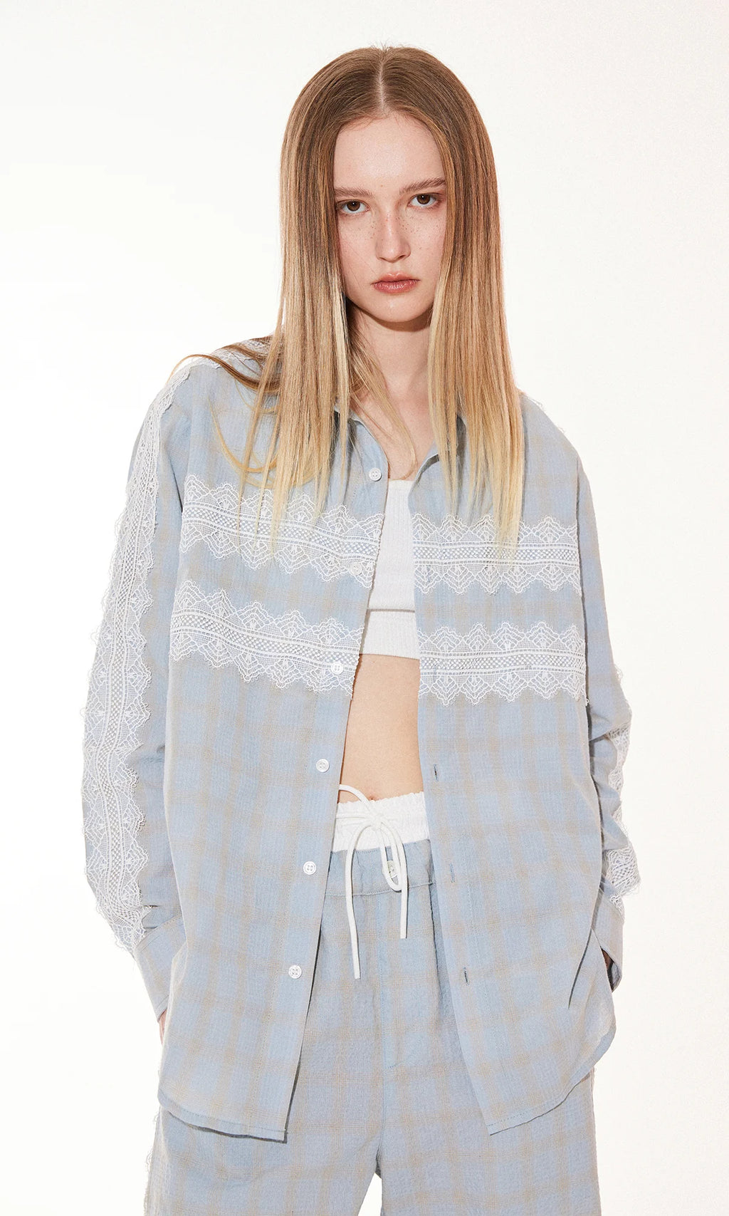 Lace Panel Plaid Pants