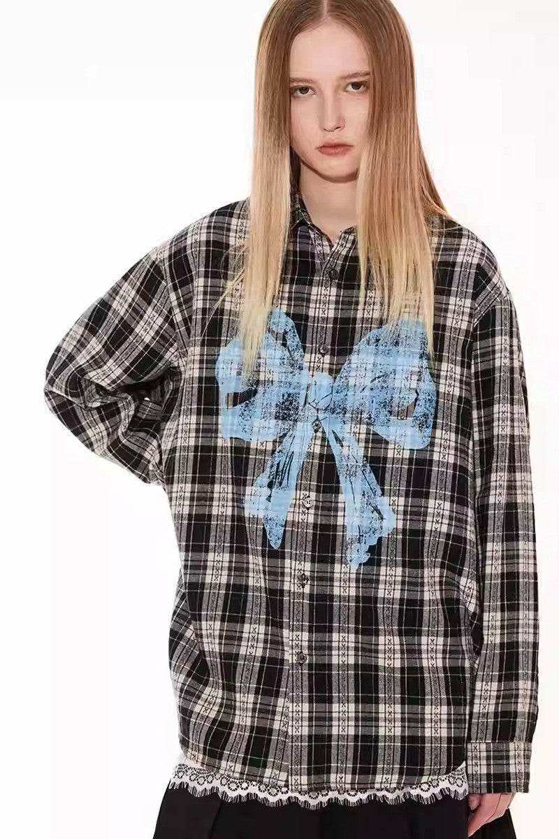 Bow Plaid Long Sleeve Shirt - Empty Reference