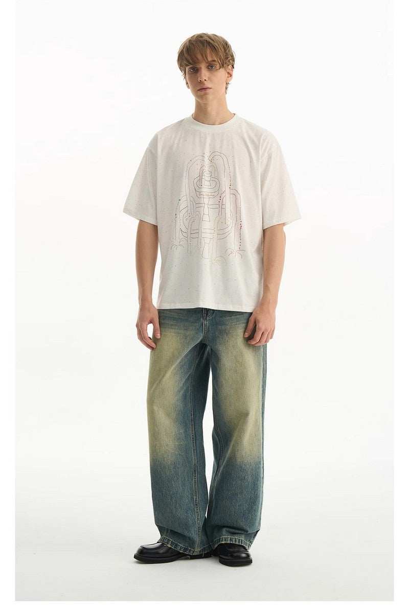Washed Whisker Pleated Relaxed Jeans - Empty Reference