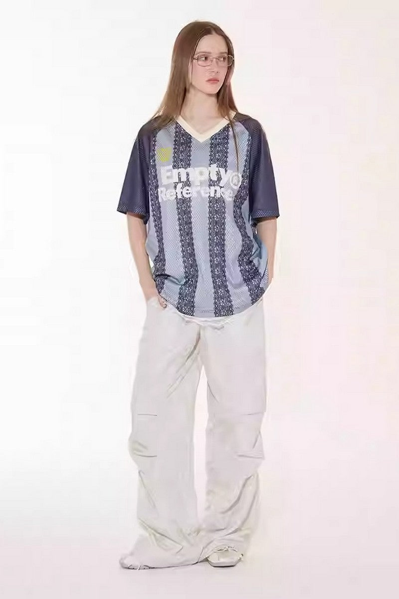 Lace Stripe Mesh V-Neck Tee