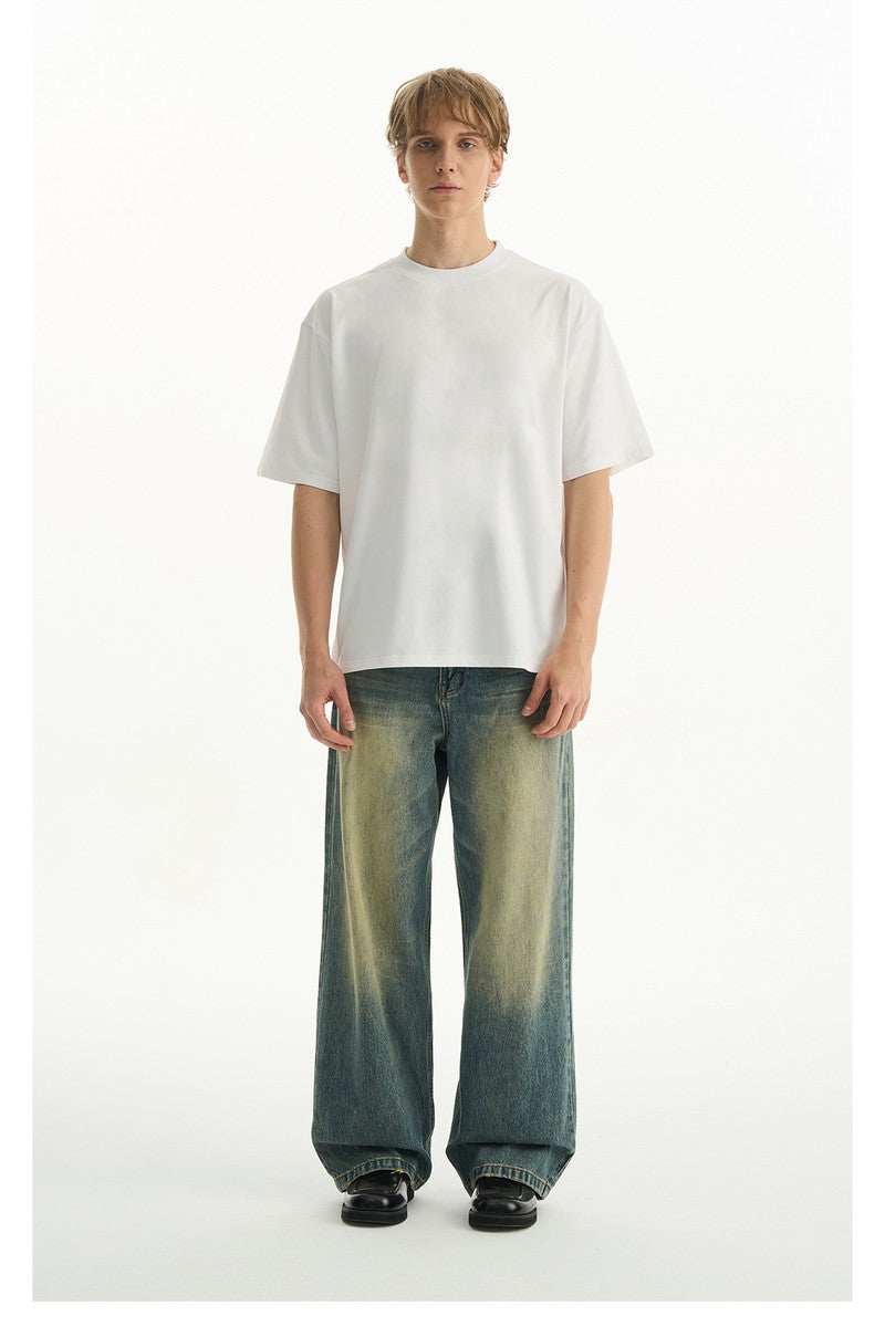 Washed Whisker Pleated Relaxed Jeans - Empty Reference