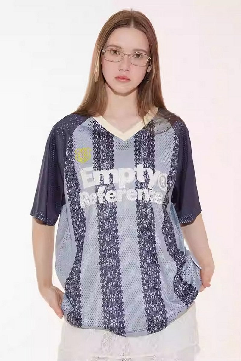 Lace Stripe Mesh V-Neck Tee