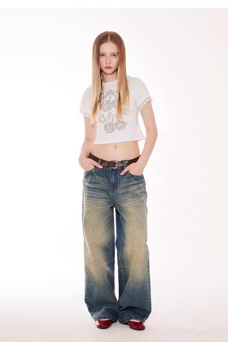 Washed Whisker Pleated Relaxed Jeans - Empty Reference