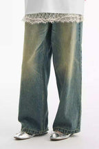 Washed Whisker Pleated Relaxed Jeans - Empty Reference