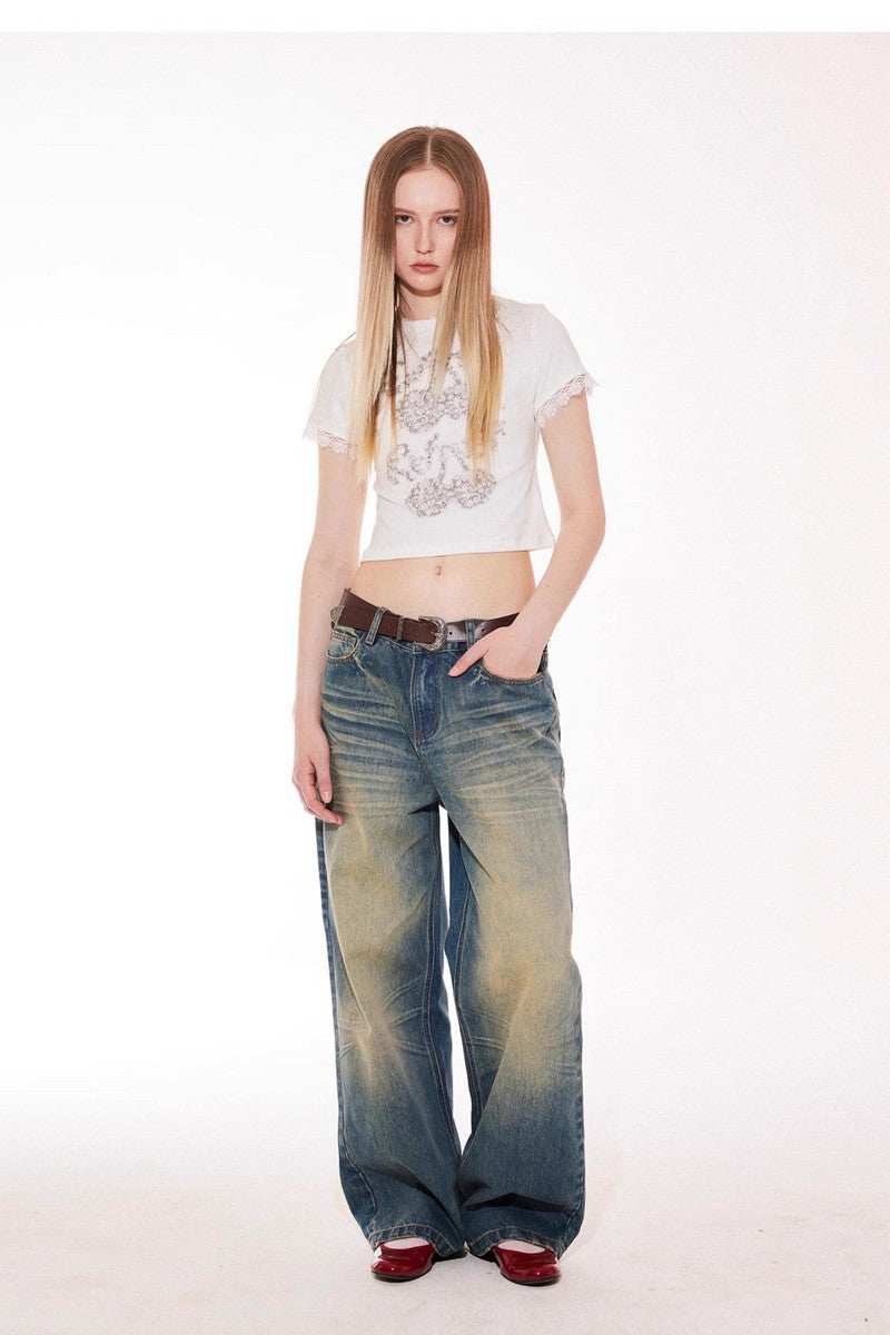 Washed Whisker Pleated Relaxed Jeans - Empty Reference