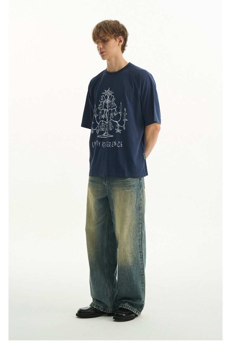 Washed Whisker Pleated Relaxed Jeans - Empty Reference