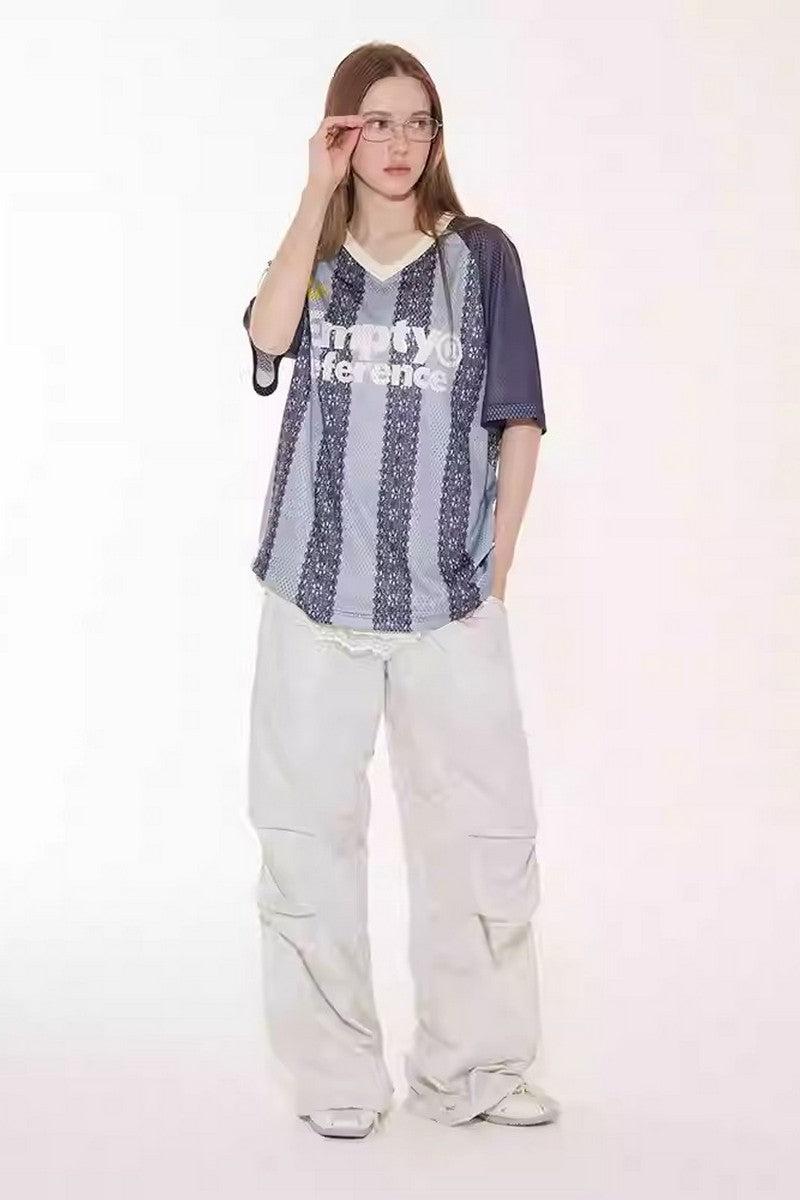 Lace Stripe Mesh V-Neck Tee