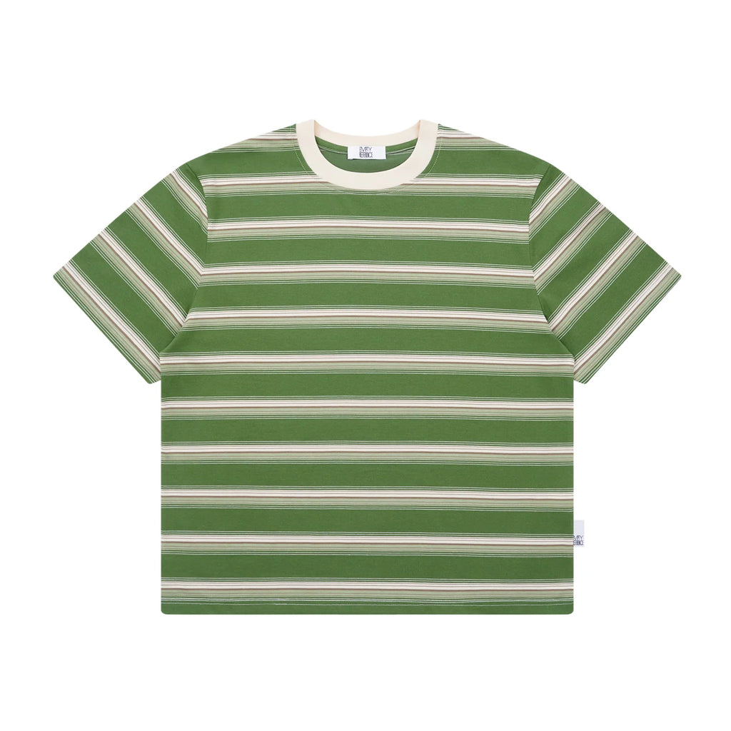 The Avocado Stripe Tee - Double Cotton in Green & Cream with Contrast Collar