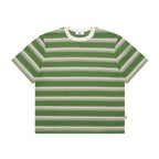 The Avocado Stripe Tee - Double Cotton in Green & Cream with Contrast Collar