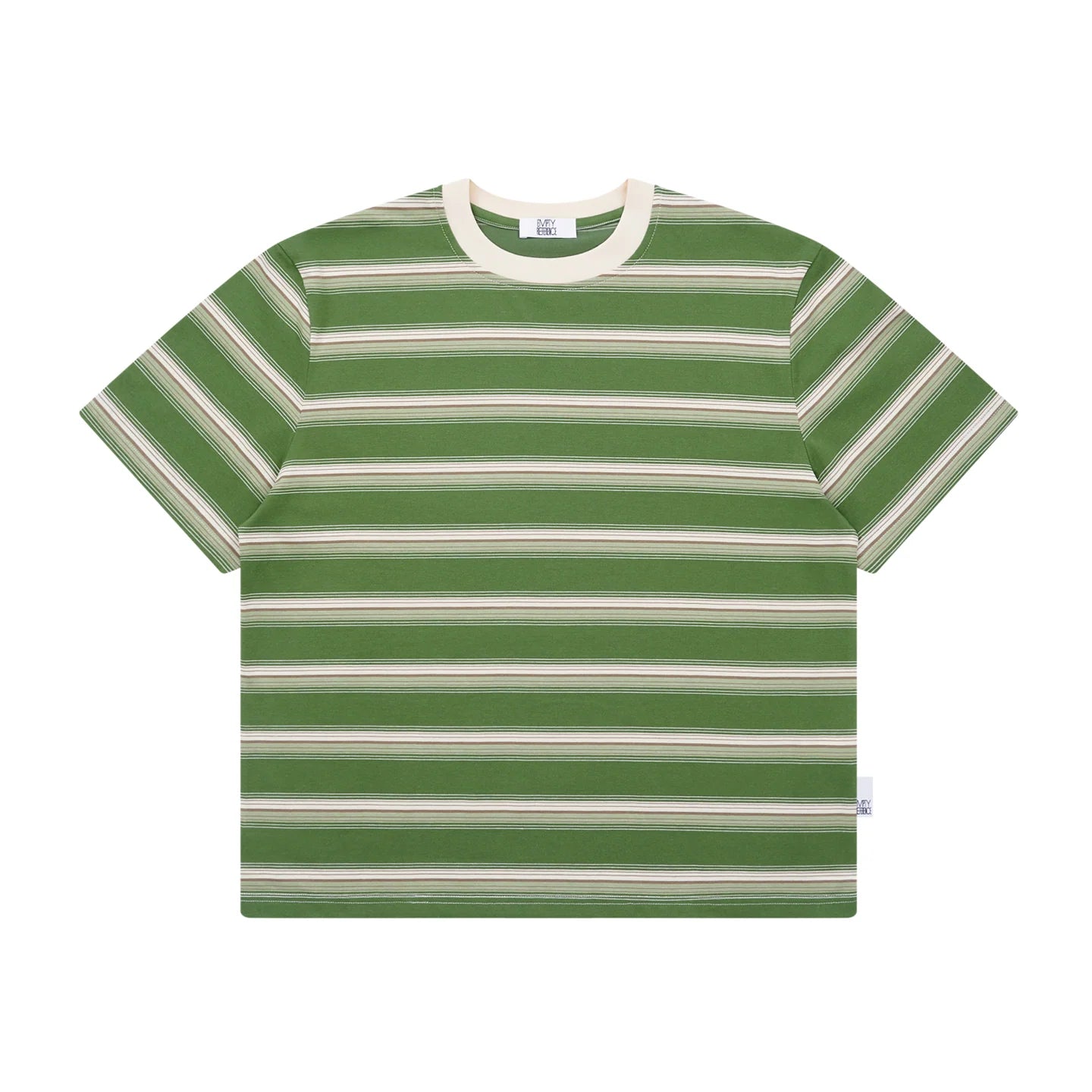 The Avocado Stripe Tee - Double Cotton in Green & Cream with Contrast Collar