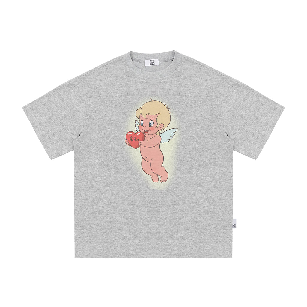 The Cherub Heart Tee - White Snow Fabric with Hand-Drawn Angel & Heart Print