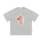 The Cherub Heart Tee - White Snow Fabric with Hand-Drawn Angel & Heart Print