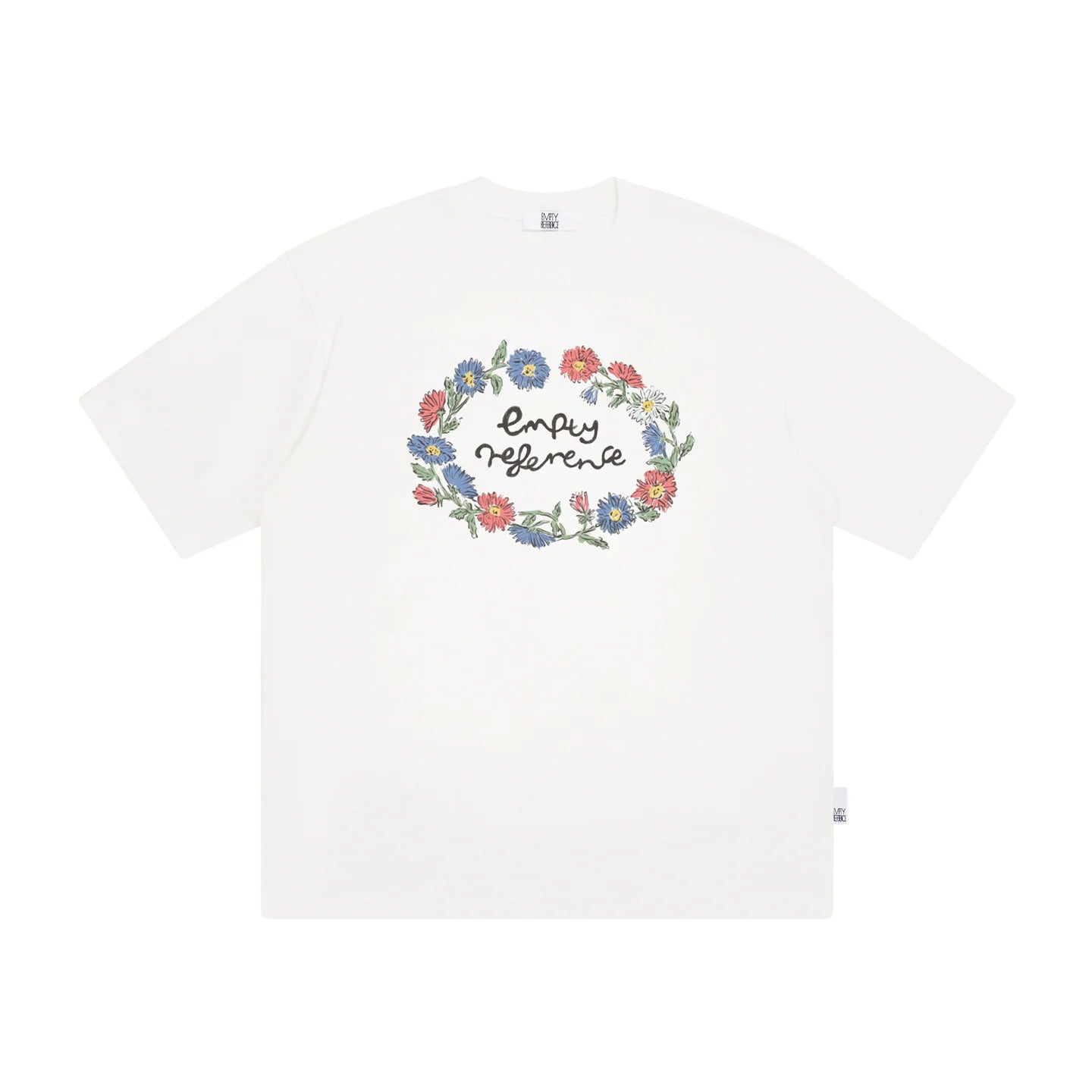 The Wreath of Wildflowers Tee - White Snow Fabric with Hand-Drawn Floral Circle & Logo