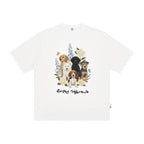 The Friendship Garden Tee - White Snow Fabric with Hand-Drawn Dog Pack & Flowers