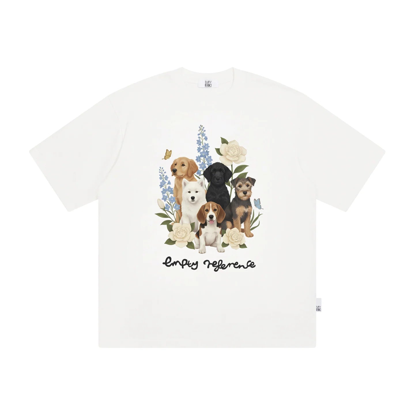 The Friendship Garden Tee - White Snow Fabric with Hand-Drawn Dog Pack & Flowers
