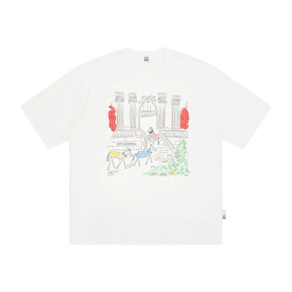 The Three Little Horses Tee - White Snow Fabric with Line-Drawn Manor & Color-Accent Pony Scene