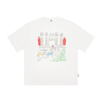 The Three Little Horses Tee - White Snow Fabric with Line-Drawn Manor & Color-Accent Pony Scene