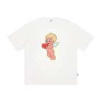 The Cherub Heart Tee - White Snow Fabric with Hand-Drawn Angel & Heart Print