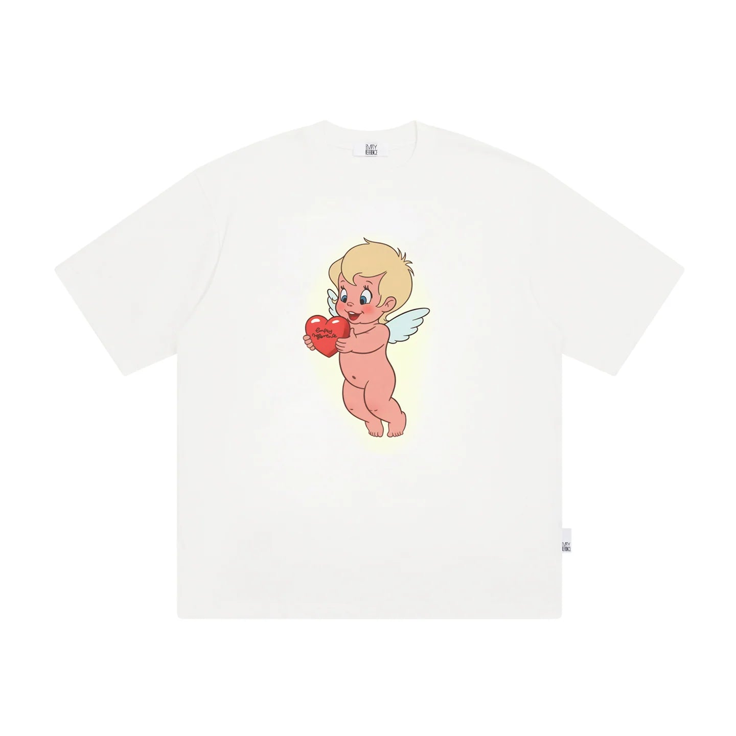The Cherub Heart Tee - White Snow Fabric with Hand-Drawn Angel & Heart Print