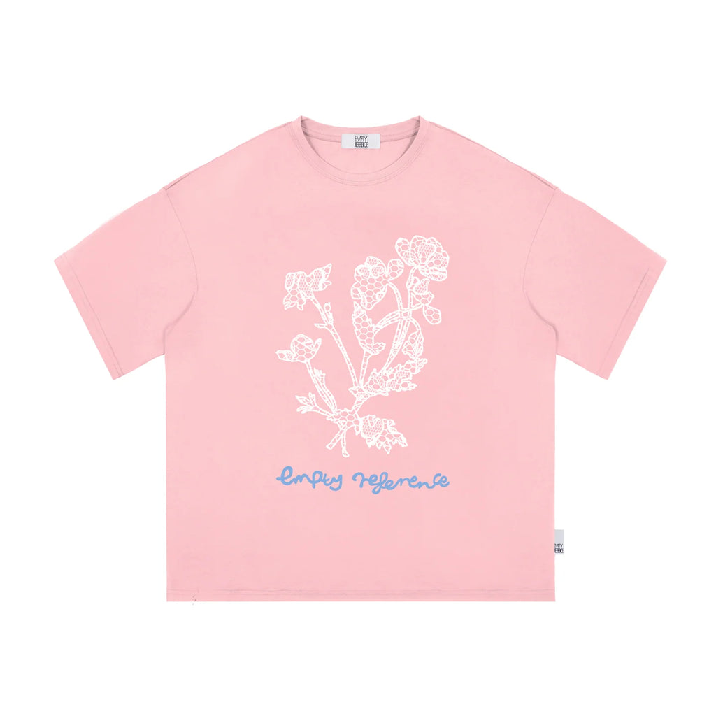 The Drawn Lace Tee - Pink Snow Fabric with Hand-Sketched White Lace Flowers