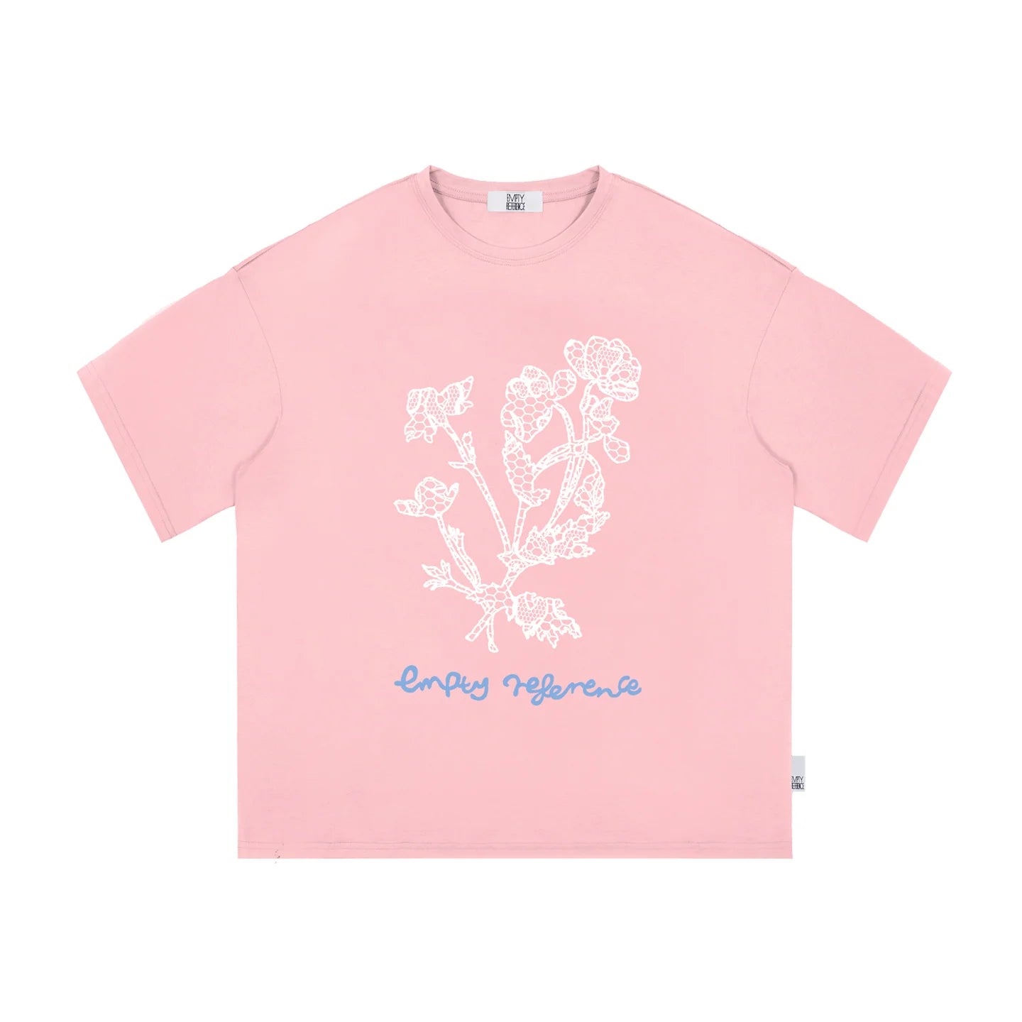 The Drawn Lace Tee - Pink Snow Fabric with Hand-Sketched White Lace Flowers