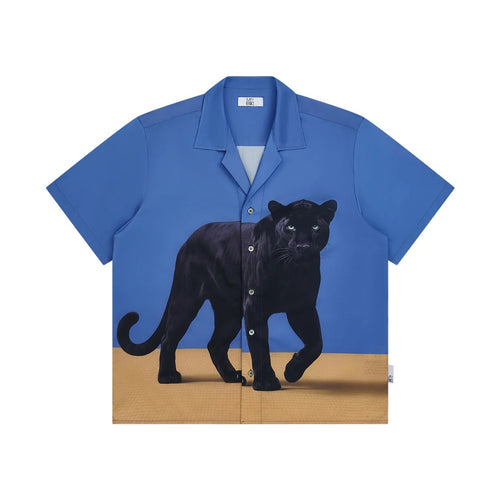 Black Panther Print Cuban Collar Shirt