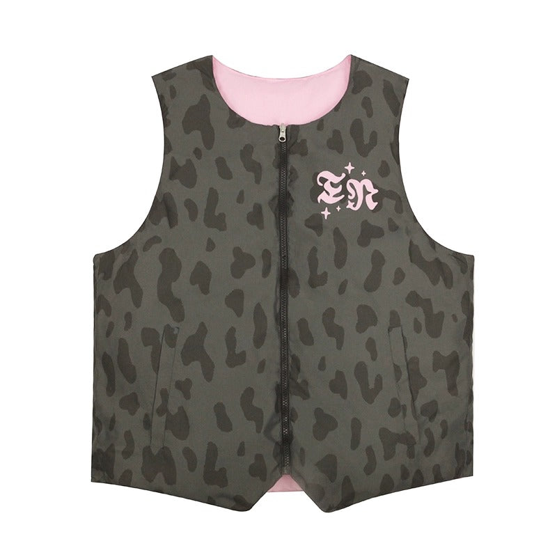 Reversible Leopard Embroidered Puffer Vest