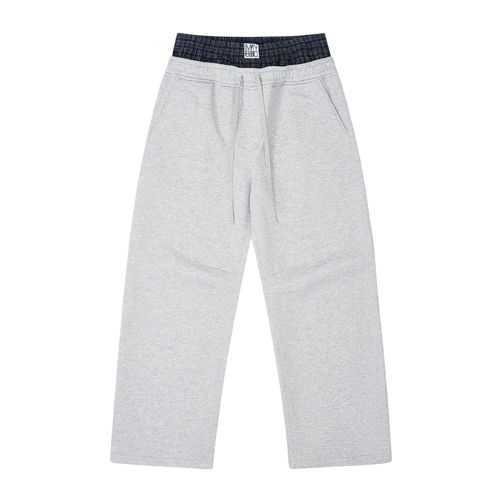 The Double Waist Sweatpant - Heather Grey Knit with Blue Gingham Panel & Woven Label