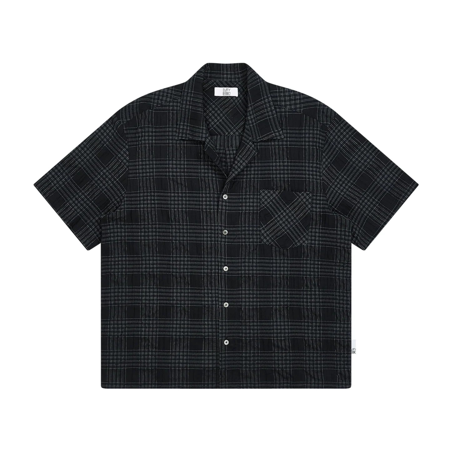 The Biased Grid Shirt - Textured Deep Navy Check Cuban Collar with Angle-Cut Pocket