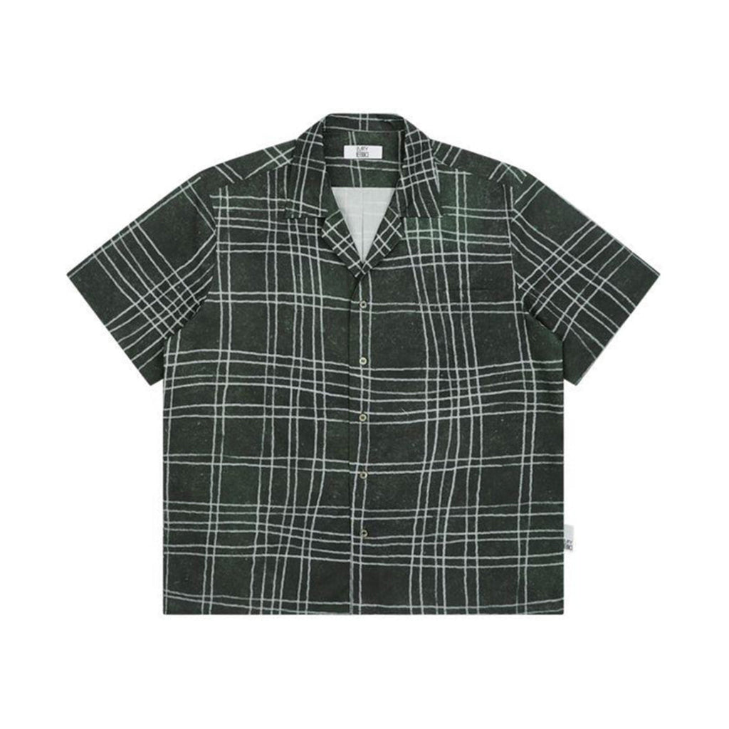 Hand-Drawn Grid Print Cuban Collar Shirt
