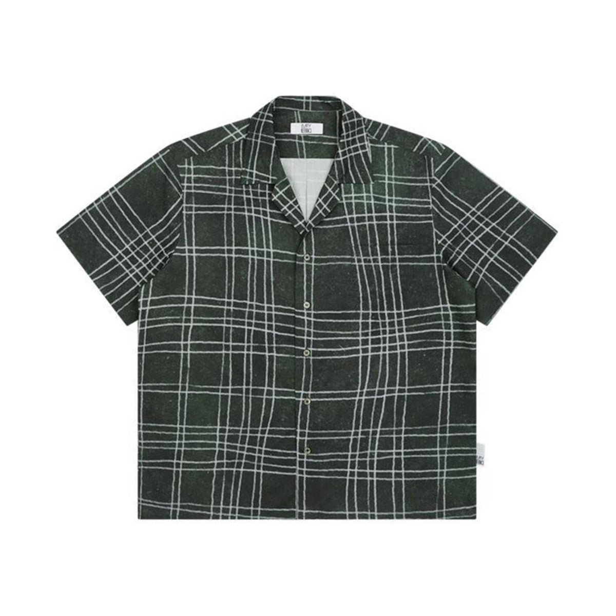 Hand-Drawn Grid Print Cuban Collar Shirt
