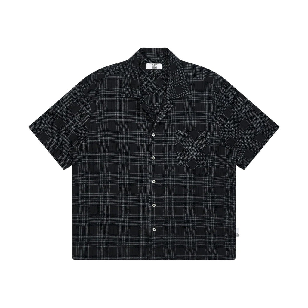 Textured Navy Check Cuban Collar Shirt