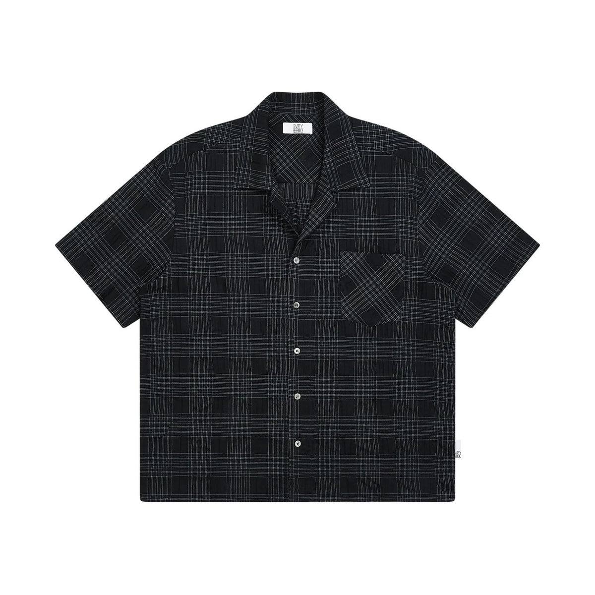 Textured Navy Check Cuban Collar Shirt